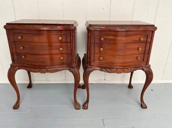 107 Pair Of Antique French Mahogany Three Drawer Nightstands