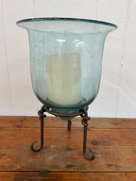 116 Vintage Glass Vase Candle Holder With Iron Stand