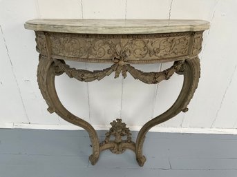 134 Antique French Regency Period Style Marble Top Carved Wood Demi Lune Table