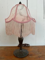 123 Antique Pink Silk Fringe Lamp Shade On Bronze Lampstand