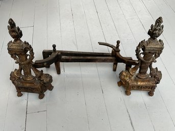 132 Pair Of Antique Rococo French Flame Torch Bronze And Wrought Iron Fireplace Andirons