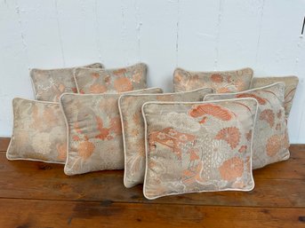 085 Lot Of Nine Vintage Japanese Silk Embroidered Orange And Beige Floral Throw Pillows