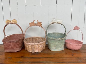 141 Lot Of Four Wicker And Rattan Hand Woven Easter Egg Pastel Baskets