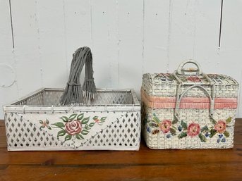 142 Lot Of Two Hand Painted Floral Wicker Picnic Baskets