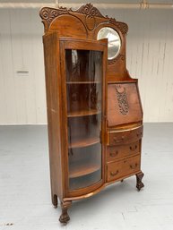 147 Antique Oak Drop Front Secretary Display Case, Curved Glass, On Wheels