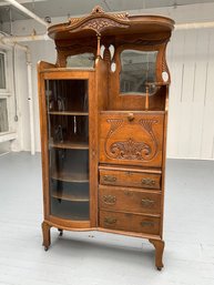 148 Antique Oak Drop Front Secretary Display Case, Curved Glass, On Wheels, Two Mirrors