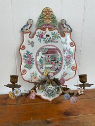 176 Antique Chinese Porcelain Famille Rose Hand Painted Bronze Candle Holding Wall Sconce