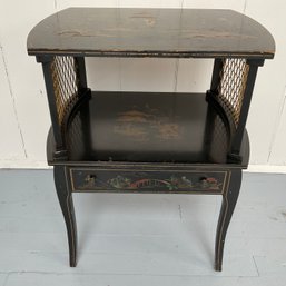 #20F  Katherine Henick Signed Oriental Chinoiserie Black Laquer Hand Painted Side Occasional Table