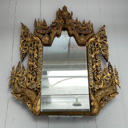 #22F Antique Carved Gilt Thai/  Burmese Wooden Colored Paste Set Mirror