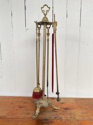 190 Antique Gold Gilt Bronze Fireplace Tools And Stand