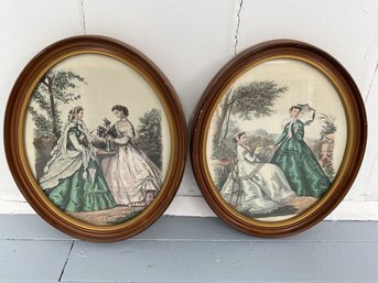 196 Pair Of Antique French Fashion Art Lithograph 'leroy Imp Paris' Oval Framed