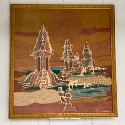 #32F  Vintage Balinese Framed Batik Framed Textile Art Signed