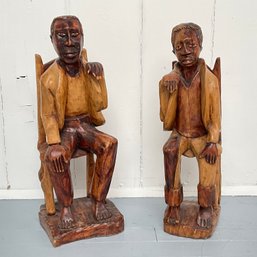 #42F  Pair Carved Wood African Sculptures Signed A.ore At Bottom