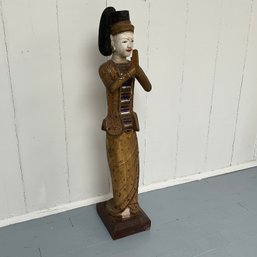 #43F  Vintage Tall Floor Standing Thai Hand Painted Wooden Sculpture Figure