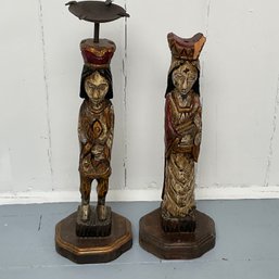 #45F  Pair Of Vintage Carved Spanish King/ Queen Candle Holders/ Sculptures Enrique Del Val