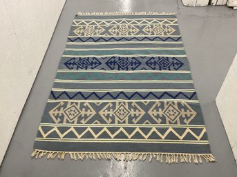 120 Blue Geometric Pattern Area Rug W/ Fringe