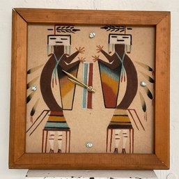 #52F Vintage Navajo Sand Painting Framed Clock Artwork