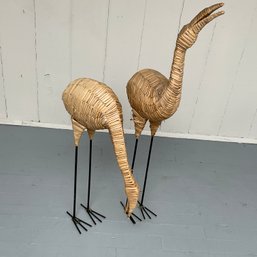 #58F Pair Of Wicker Flamingo Straw Bird Figures