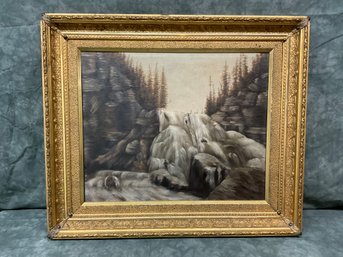 001 Waterfall Forest Mountain Landscape Oil Painting On Canvas Antique Gold Gilt Frame Unsigned