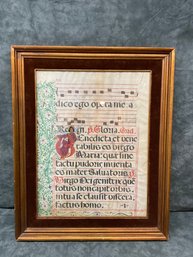 002 Vellum Latin Antiphonary Music Sheet Double Sided With Velvet Wood Vintage Frame
