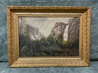 003  Victorian Waterfall Valley Forest Landscape Unsigned With Gold Gilt Antique Frame