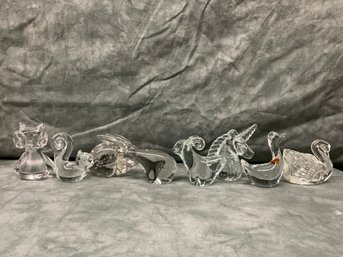 008 Lot Of Eight Vintage Clear Glass Hand Blown Animal Paperweights And One Candle Holder