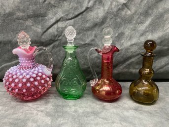 009 Lot Of Four Vintage Colored Glass Bottles, Fenton Hobnail Pitcher, Green Scrolled Flask, Crackle Glass,...