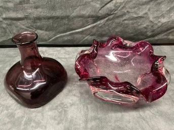 014 Lot Of Two Purple Art Glass, Vase/Bottle, Murano Art Glass Candy Dish Unsigned