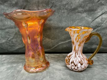 015 Lot Of Two Orange Hand Blown Art Glass, Amber And White Splatter Pitcher, Imperial Carnival Vase