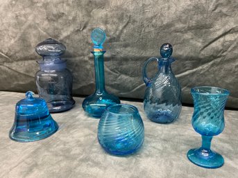 018 Lot Of Six Blue Hand Blown Art Glass, Bell Paperweight, Etched Jar, Mid-Century Modern Decanter...