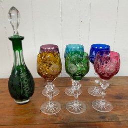 #84RB Multicolored Set Of 6 Cut To Clear Wine Hocks Glasses W/ Decanter