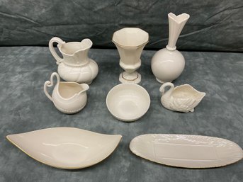 022 Lot Of Eight Lenox Ivory Pottery Pieces, 2 Pitchers, 2 Vases, 2 Butter Trays, Swan Dish...