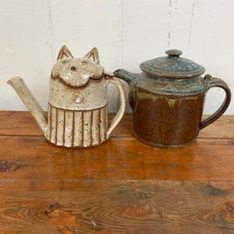 #87RB  Lot Of 2 Pottery Teapots Cat And Other