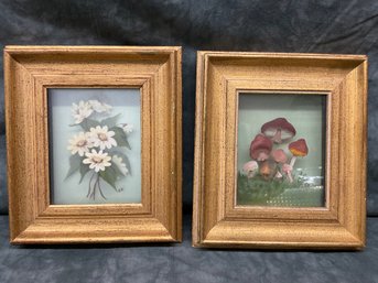 025 Lot Of Two Framed Layered Glass Nature Paintings, Flowers And Mushrooms