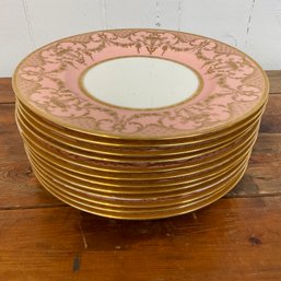 #90RB Antique Set Of 12  Mintons Dinner Plates Gold And Pink