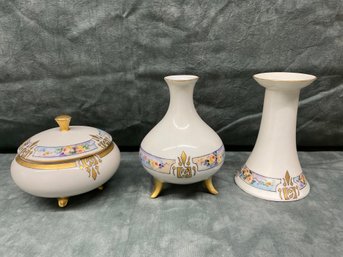 033 Lot Of Three French Limoges  Hand Painted Gold And Floral Ivory Porcelain Pottery