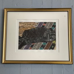 #96F Sylvia Portillo 'Cat Sleeping Throw-Rug Style', Watercolor, Oil Block Print, Signed