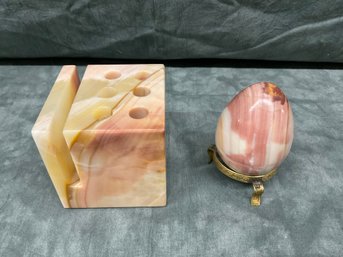036 Lot Of Two Marble Alabaster Pen/Pencil And Card Holder, Decorative Egg With Stand