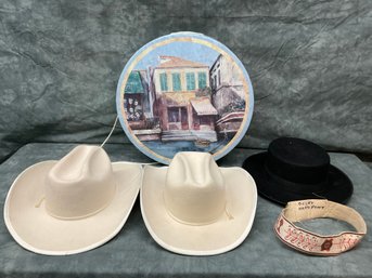 039 Lot Of Four Vintage Hats, One Headband, And Hat Box, 2 Smithbilt Ivory Cowboy Hats, Black Bolero Hat