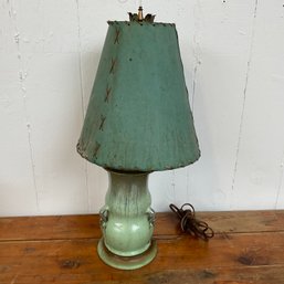 #114RC Vintage Green Pottery Table Lamp W/ Shade