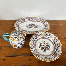 #116RC Vintage Deruta Italian Pottery Lot Of 3 Large Serving Platter/ Bowl  And Teapot