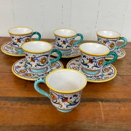 #118RC Vintage Deruta Italian Pottery Set Of 5 Teacups And Saucers