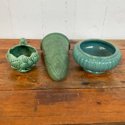 #129RC Lot Of Three Pieces Of Green Pottery, Wall Pocket, Frog, Planter