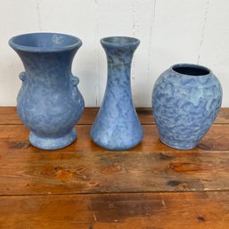 #131RC Lot Of 3 Vintage Matt Mottled Blue Vases Art Pottery, McCoy Vases