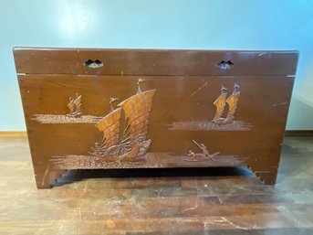 15 Antique Asian Sea Ships Carved Camphor Wood Trunk