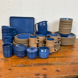 #152RA LARGE Mid Century Heath Pottery SET Moonstone Blue, W/ Nutmeg Brown Pottery Dinnerware