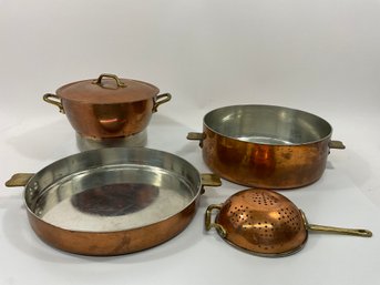 047 Lot Of Four Copper Pots And Strainer Kitchen Cookware, Unmarked