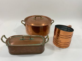 048 Lot Of Three Copper Kitchen Cookware, Pot With Lid, Foley Sifter, And Fish Poacher