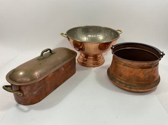 049 Lot Of Three Copper Kitchen Cookware, Strainer, Pot With Iron Handle, Fish Poacher