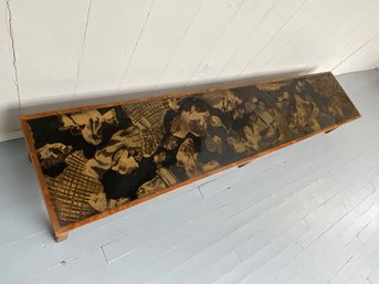 #161F 1960s Mid Century Artist Made Edith Weinstein Etched Metal Designer Long Bench/ Coffee Table  97'